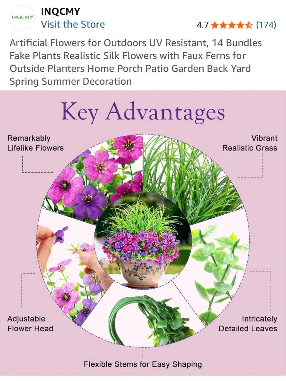 Artificial Outdoor Silk Flowers Planter in Purple & Pink